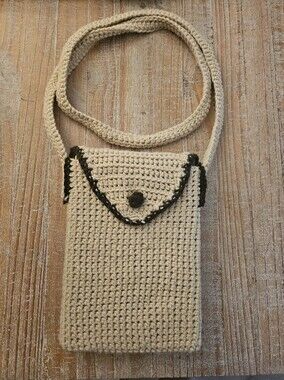 Handmade Cream Crochet Crossbody Book Cover Bag with Brown Trim